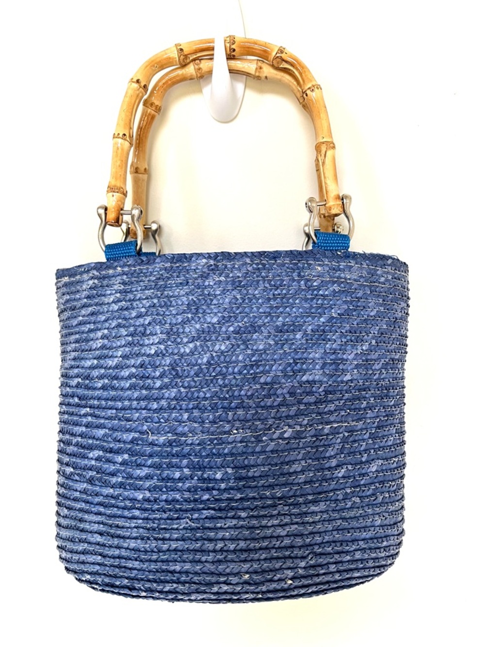 Vintage French Blue Classic Woven Straw Basket Bucket Bag with Bamboo Handles
